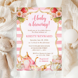 Invitación Fiesta de té de fresa en acuarela para baby shower