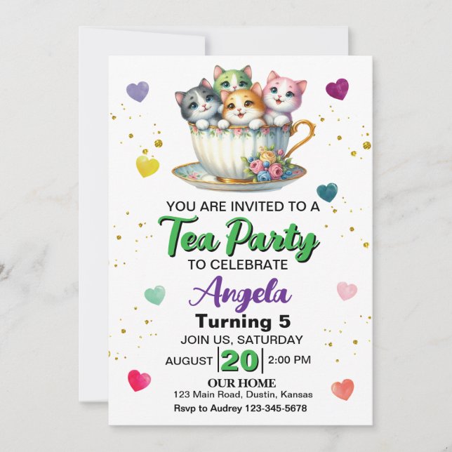 Invitación Fiesta de té de gatito lindo Cumpleaños de cualqui (Anverso)