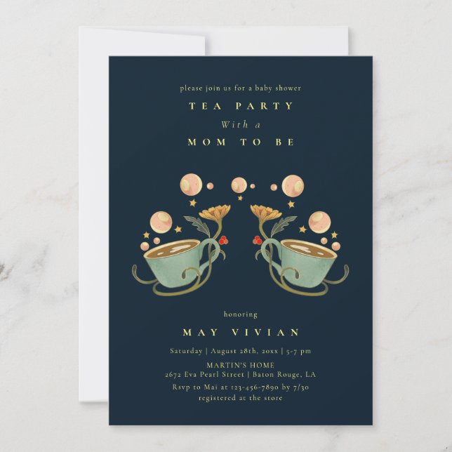 Invitación Fiesta de té de Golden Fairy Land con flores Baby  (Anverso)