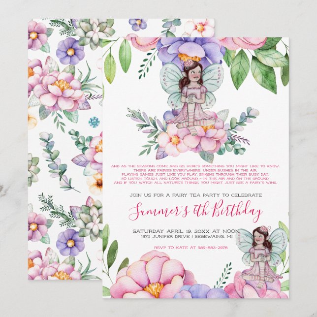 Invitación Fiesta de té de hadas de las flores (Anverso / Reverso)