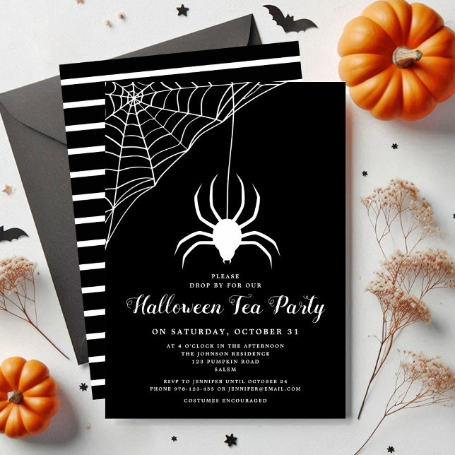 Invitación Fiesta de té de Halloween blanco y negro (Cute Spider Black & White Halloween Tea Party Invitation)