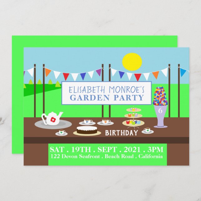 Invitación Fiesta de té de jardín, fiesta de cumpleaños (Anverso / Reverso)