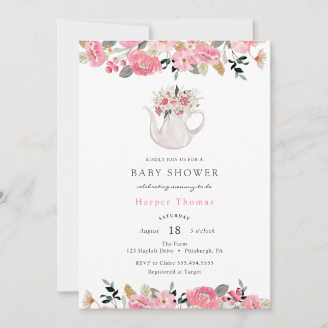 Invitación Fiesta de té de jardín floral rosa Baby Shower (Anverso)