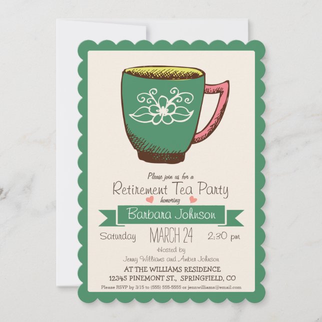 Invitación Fiesta de té de jubilación verde y rosa verde azul (Anverso)