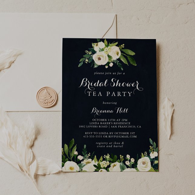 Invitación Fiesta de té de la ducha azul floral blanca verde (Subido por el creador)