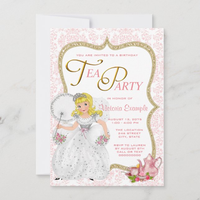 Invitación Fiesta de té de la princesa bonita (Anverso)