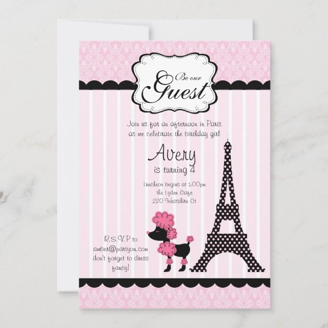 Invitación Fiesta de té de la Torre Eiffle Rosa de París (Anverso)