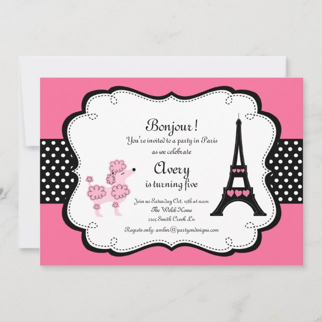 Invitación Fiesta de té de la Torre Eiffle Rosa de París (Anverso)