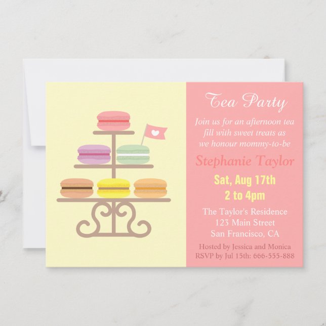 Invitación Fiesta de té de macarons Baby Shower, Rosa dulce (Anverso)