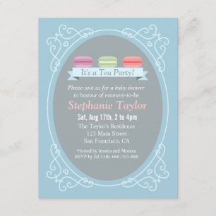 Invitación Fiesta de té de macarons para baby shower, azul y