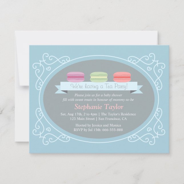 Invitación Fiesta de té de macarons para baby shower, azul y  (Anverso)