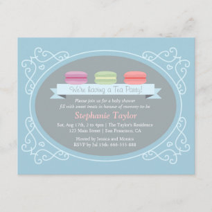 Invitación Fiesta de té de macarons para baby shower, azul y