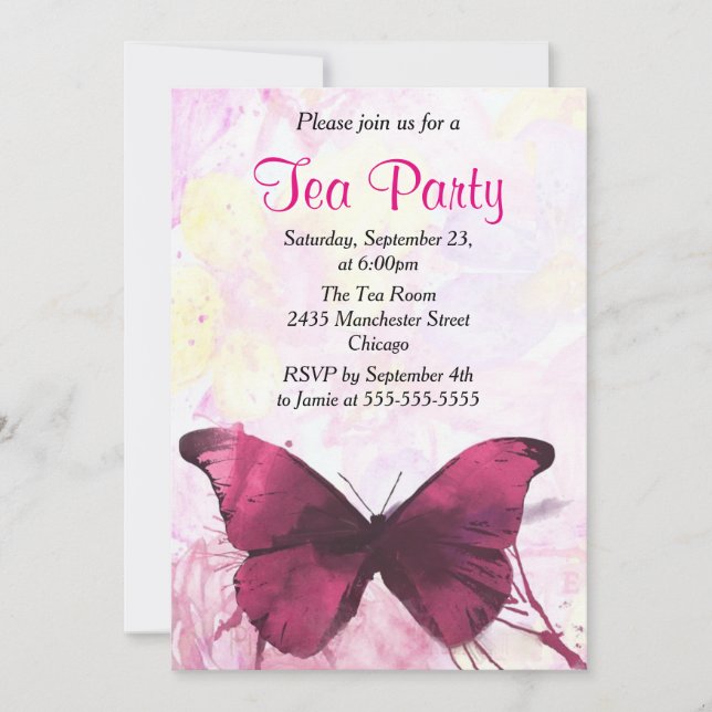 Invitación Fiesta de té de mariposa morada acuarela (Anverso)