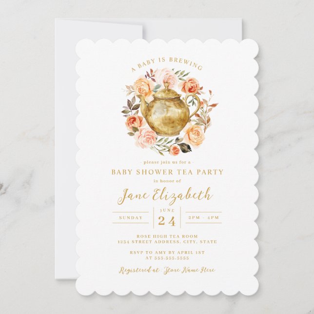 Invitación Fiesta de té de melocotón Un bebé está preparando  (Anverso)