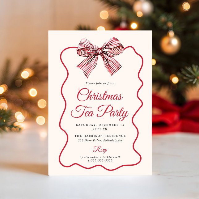 Invitación Fiesta de Té de Navidad con Lazo Coquette (Coquette Bow Christmas Tea Party Invitation)