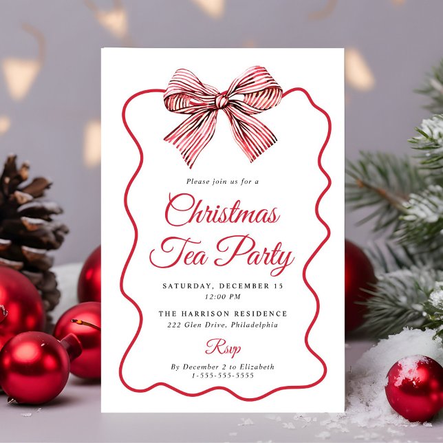 Invitación Fiesta de Té de Navidad con Lazo Coquette (Coquette Bow Christmas Tea Party Invitation)