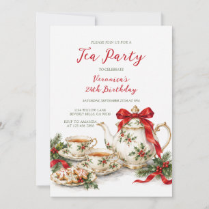 Invitación Fiesta de té de Navidad para niña con lazo rojo Cu