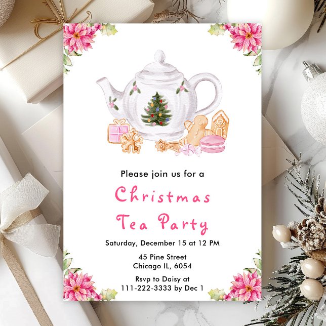 Invitación Fiesta de Té de Navidad Rosa (Subido por el creador)
