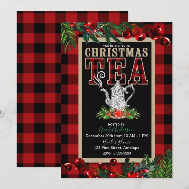 Invitación Fiesta de té de Navidad Rustico Cuadro de Plaid Ro (Anverso / Reverso)