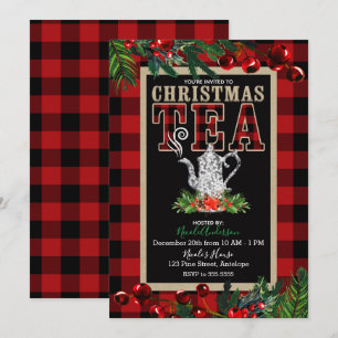 Invitación Fiesta de té de Navidad Rustico Cuadro Rojo Negro 