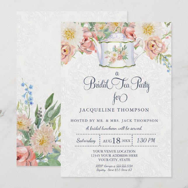 Invitación Fiesta de té de novia acuarela rosa y floral blanc (Anverso / Reverso)