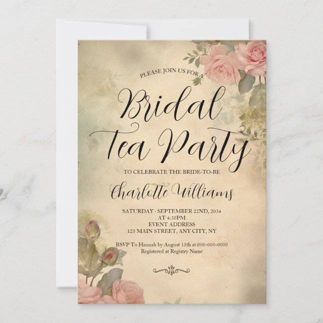 Invitación Fiesta de té de novia con rosas rosadas de estilo  (Anverso)