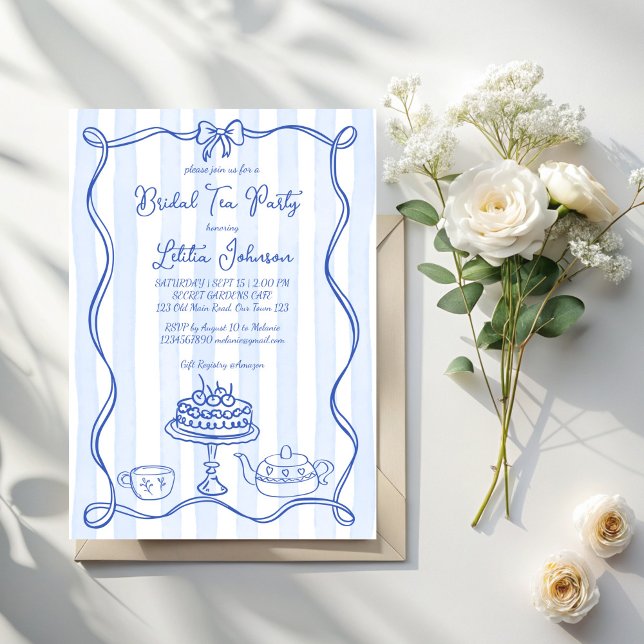 Invitación Fiesta de té de novia dibujado a mano con mano (Whimsical hand drawn stripped bow ribbon border bridal tea party invitation cards template)