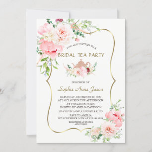 Invitación Fiesta de té de novia dorado con flores de Rubor r