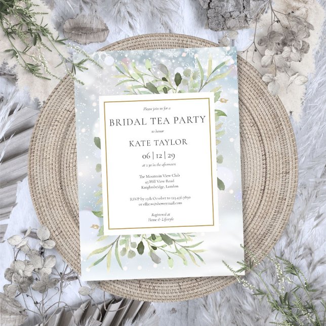 Invitación Fiesta de té de novia en invierno con copos de nie (Winter Snowflakes Greenery Bridal Tea Party Invitation)