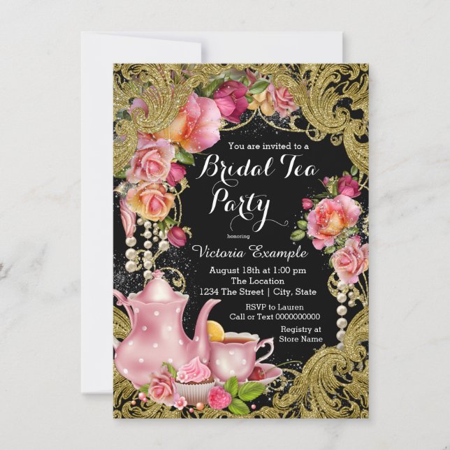Invitación Fiesta de té de novia negro y oro (Anverso)