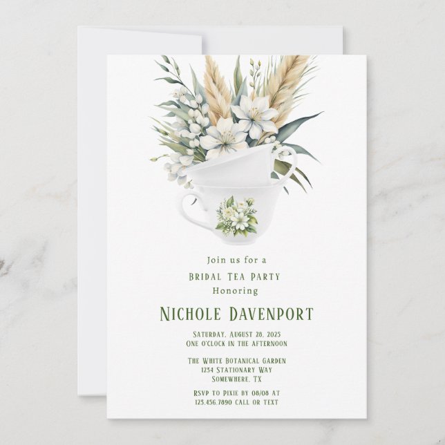 Invitación Fiesta de té de novia pintado de verde floral blan (Anverso)
