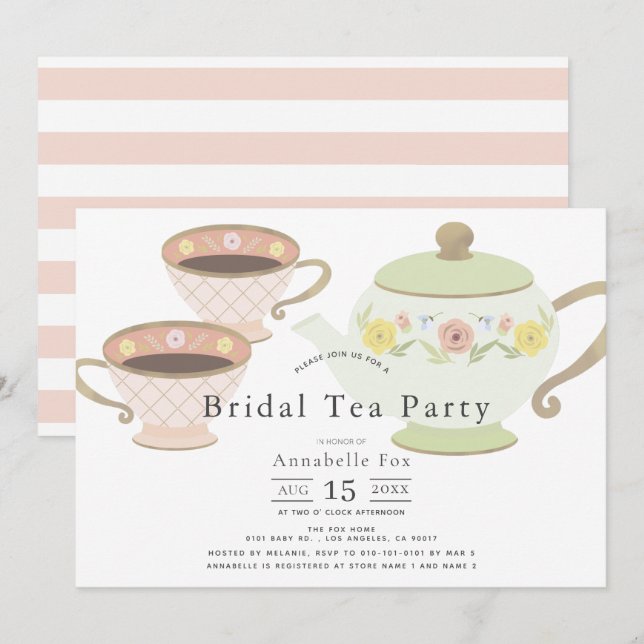 Invitación Fiesta de té de novia Tea Pot & Cups Ducha de novi (Anverso / Reverso)
