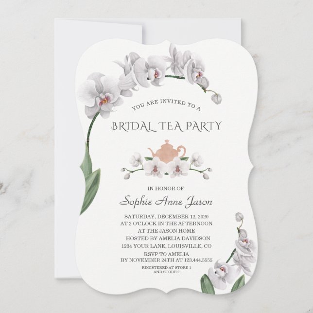 Invitación Fiesta de té de novias con orquídeas blancas exóti (Anverso)