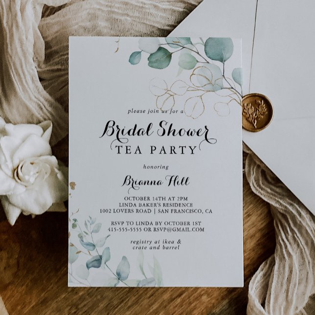 Invitación Fiesta de té de novias rusas eucalipto dorado (Subido por el creador)