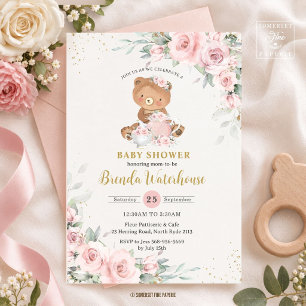 Invitación Fiesta de té de osito de peluche floral rosa rubor