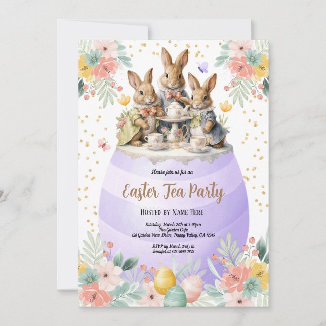 Invitación Fiesta de té de Pascua Conejo acuarela Púrpura Pas (Anverso)