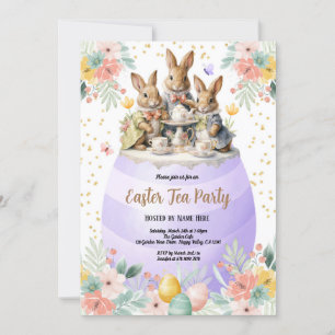 Invitación Fiesta de té de Pascua Conejo acuarela Púrpura Pas