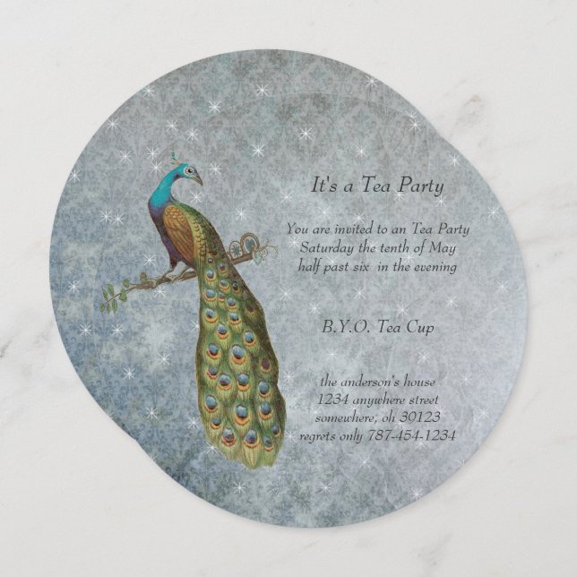 Invitación Fiesta de té de pavo real metálico de plata Art No (Anverso / Reverso)