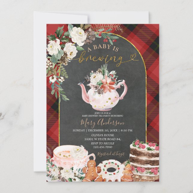 Invitación Fiesta De Té De Plaid, Bebé, Está Preparando Invie (Anverso)