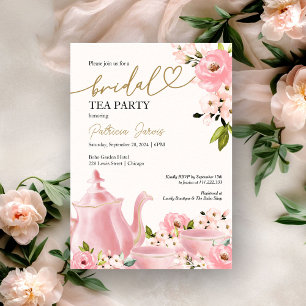 Invitación Fiesta de té de shower nupcial floral dorado rosad