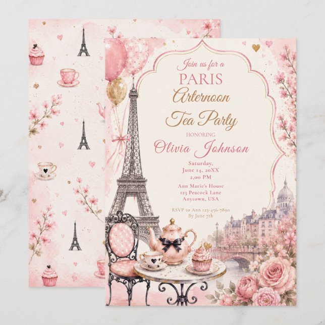 Invitación Fiesta de té de tarde en París (Anverso / Reverso)