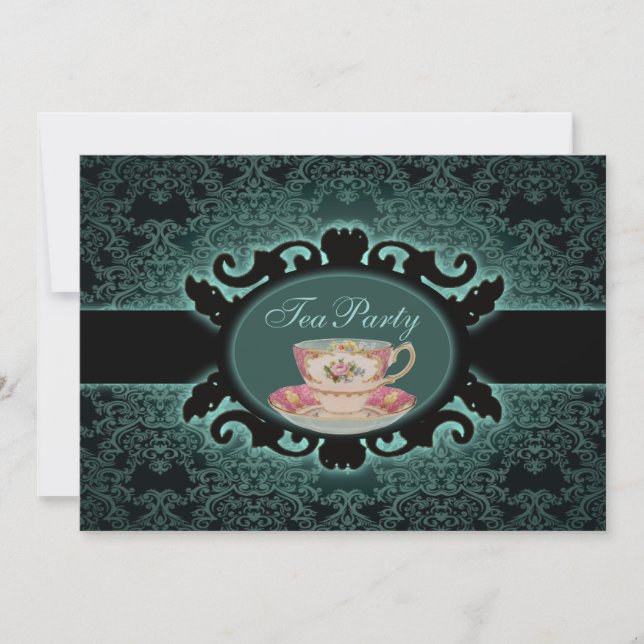 Invitación fiesta de té de teacup floral de damasco de bosque (Anverso)