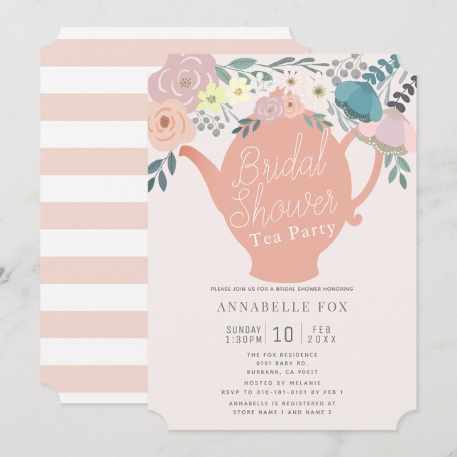 Invitación Fiesta de té de tetera con flor rosa (Anverso / Reverso)
