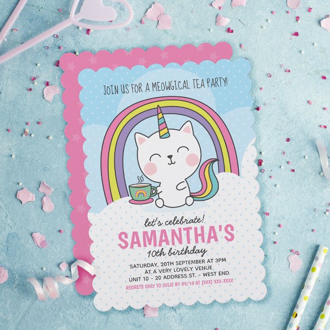 Invitación Fiesta de té de unicornio de felino (Subido por el creador)