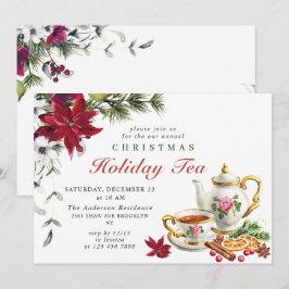 Invitación Fiesta de té de vacaciones de Navidad con poinsett