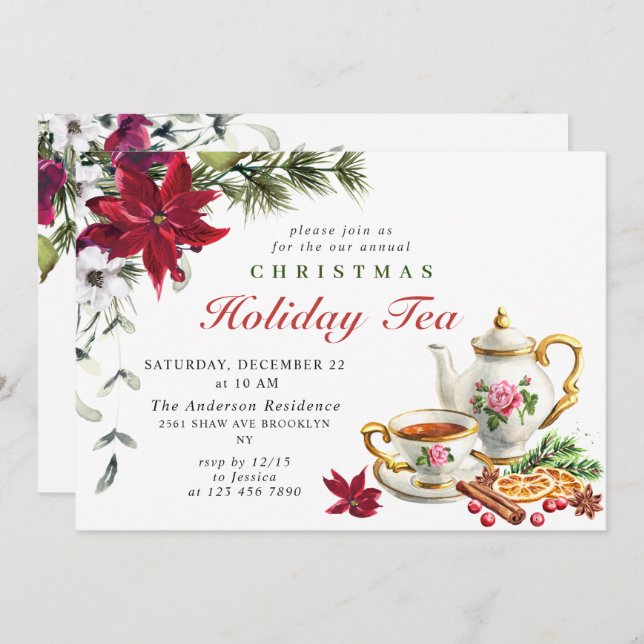 Invitación Fiesta de té de vacaciones de Navidad con poinsett (Anverso / Reverso)