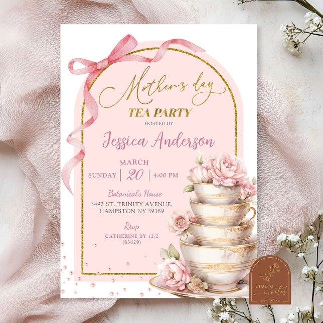 Invitación Fiesta de té del Día de la Madre de Bow Rosado (Subido por el creador)