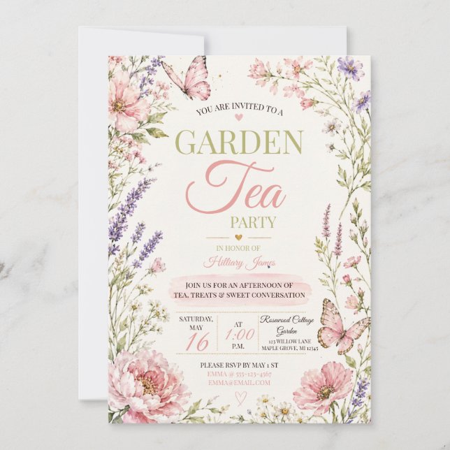 Invitación Fiesta de té del jardín de mariposas de flores sil (Anverso)