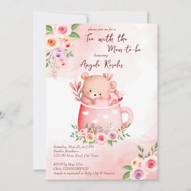 Invitación Fiesta de té ducha de bebé lindo tono rosado en un (Anverso)