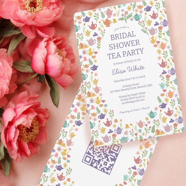 Invitación Fiesta de té Ducha de novia Cuidada PERSONALIZADO  (Tea Party Bridal Shower Cute CUSTOM QR Code Invitation
)